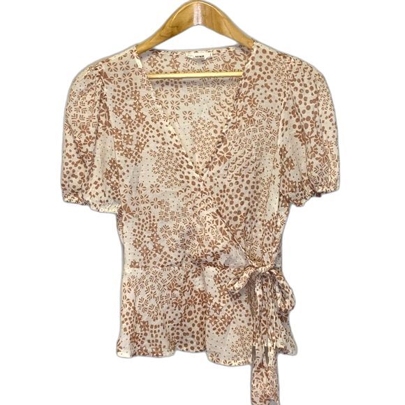 Mine Ivory and Tan Print Wrap Front Puffed Short Sleeve Peplum Gauze Top Size L - Picture 2 of 11